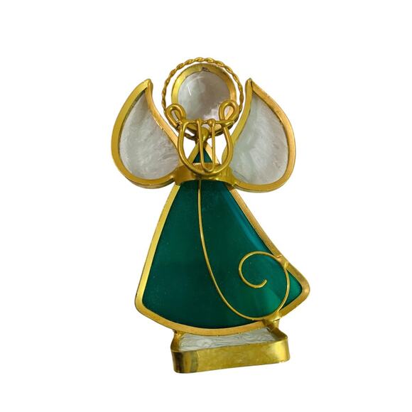 Vintage Tabletop Stained Glass Angels Goldtone Blue Green - Picture 5 of 7